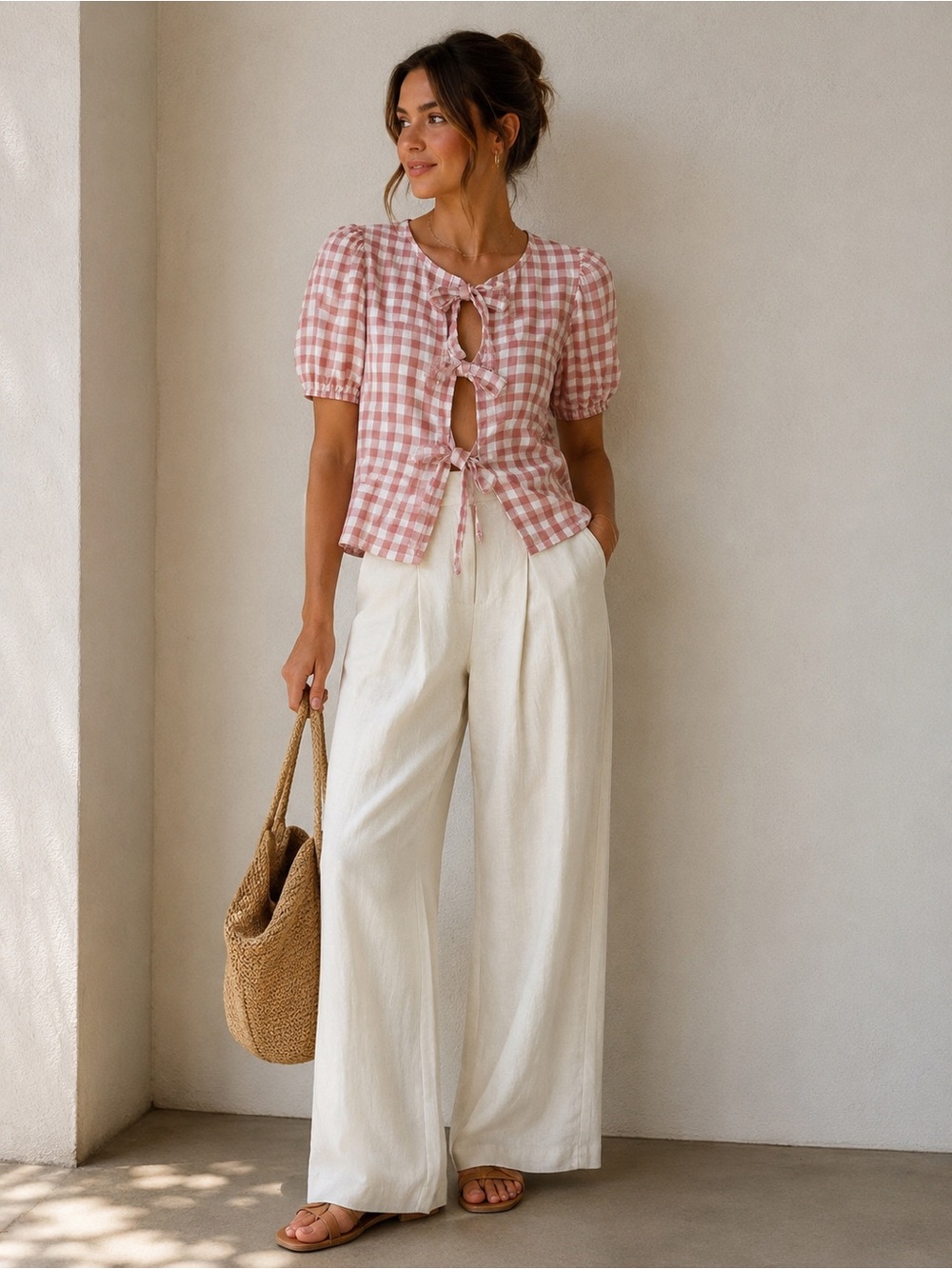 Wide Leg Linen-Blend Pants in Cream